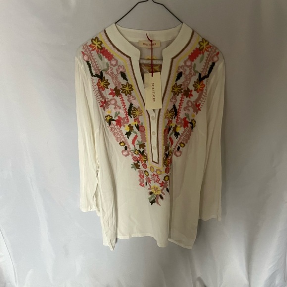 NWT Solitaire Embroidered Tunic Top V-Neck Roll Tab Sleeves Floral Multicolor, M - Picture 1 of 7